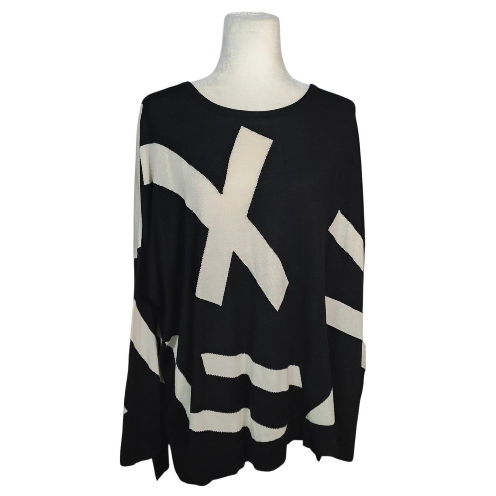 Planet by Lauren G Sweater Black White Graphic Pima Cotton Oversized One Size